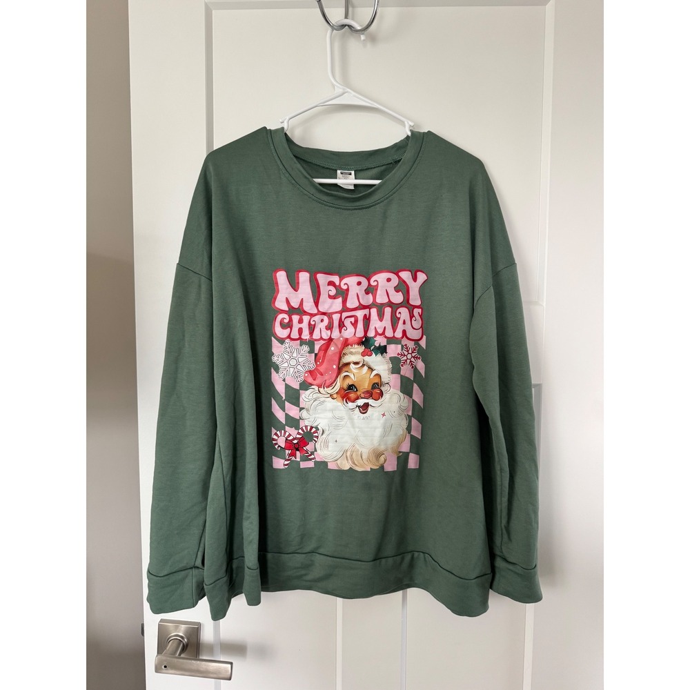 Digiprint Apparel Retro Santa Merry Christmas Sweatshirt Green Pink 2XL